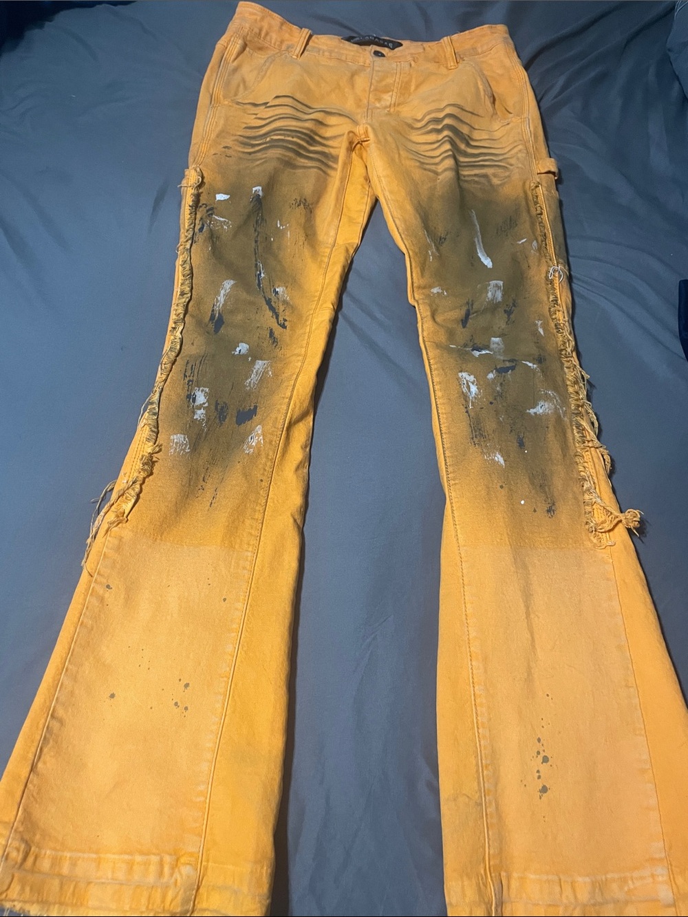 Yellow Distressed Flared Jeans